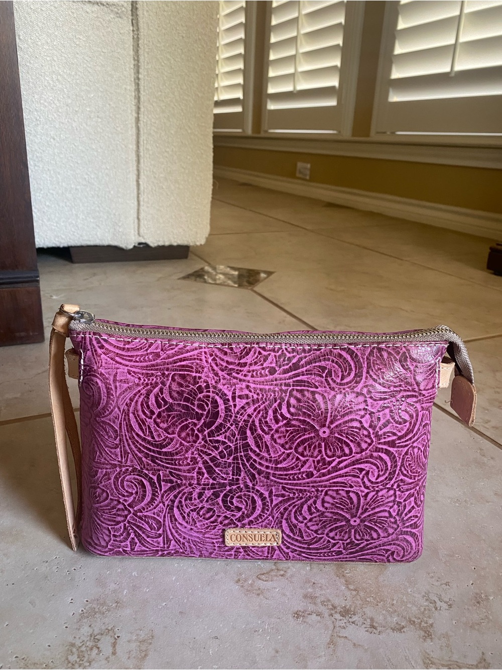 Consuela Mena Fuchsia Tooled Leather Midtown Crossbody Bag with Leather Trim - Picture 5 of 9